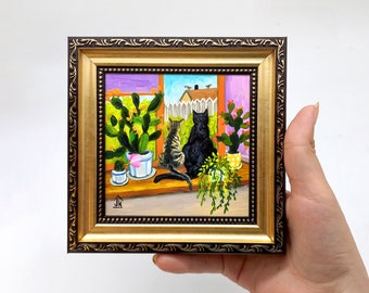 Black and tabby cats painting Framed hand-painted funny cute kittens on the window with flowers artwork by Julia Kot