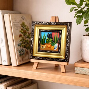 Black Cat Painting, Colorful Plant Decor, Original Whimsical Art, Cat Lover Gift zdjęcie 19