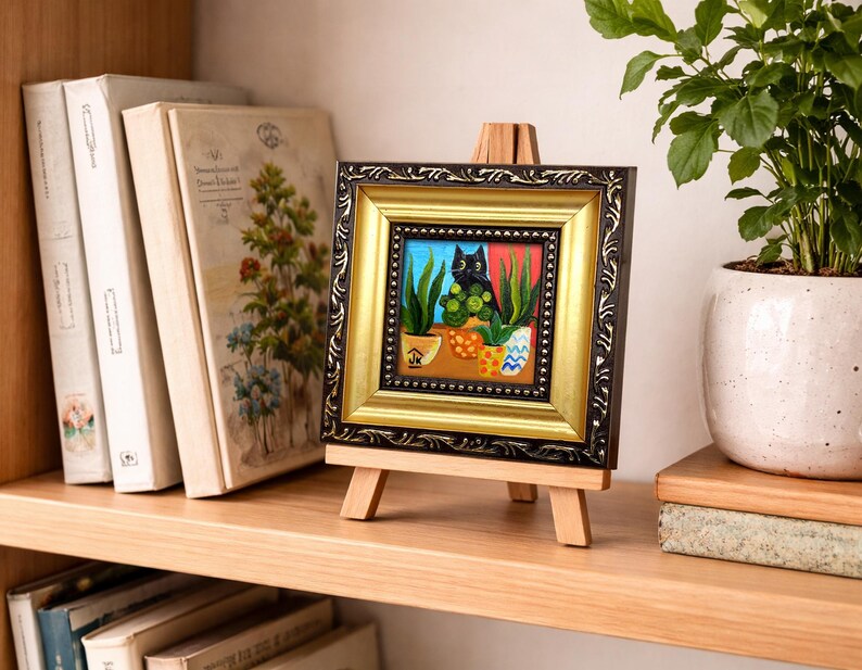 Black Cat Painting, Colorful Plant Decor, Original Whimsical Art, Cat Lover Gift zdjęcie 19