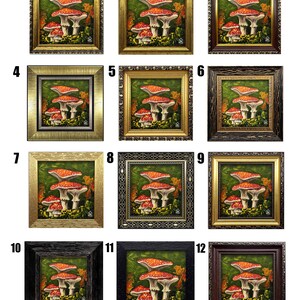May include: Twelve framed paintings of red and white mushrooms with green foliage in various ornate frames. The frames are in gold, black, and brown.