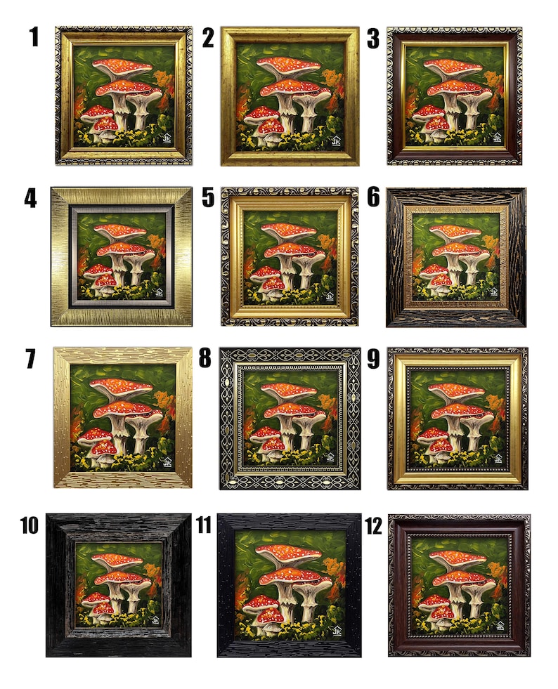 May include: Twelve framed paintings of red and white mushrooms with green foliage in various ornate frames. The frames are in gold, black, and brown.