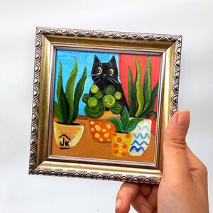 Black Cat Painting, Colorful Plant Decor, Original Whimsical Art, Cat Lover Gift zdjęcie 18