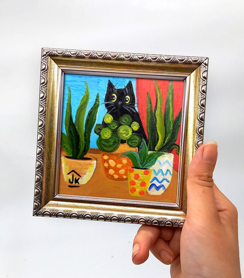 Black Cat Painting, Colorful Plant Decor, Original Whimsical Art, Cat Lover Gift zdjęcie 18