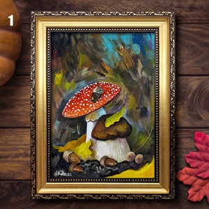 Mushroom painting Framed hand-painted Fly Agaric artwork Fall wall decor by Julia Kot