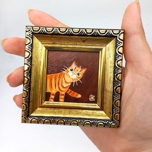 Framed Orange Tabby Cat Painting: Funny Miniature Portrait, 2x2