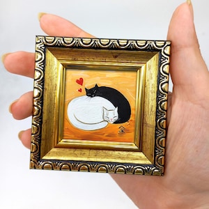 Framed Cat Couple Miniature Oil Painting: Sleeping Black and White Cats