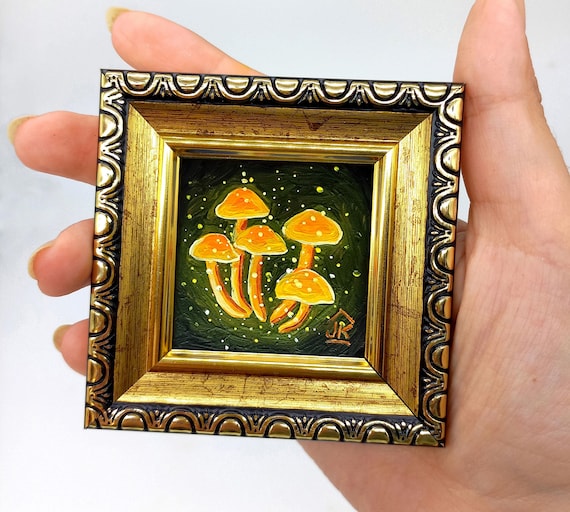 Bioluminescent Mushroom Painting: Framed Miniature Original Art (2x2)