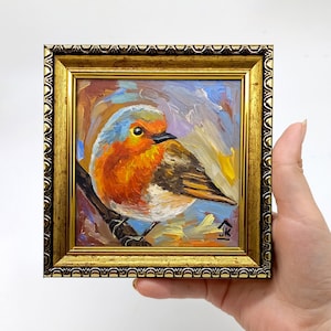 Robin painting Framed hand-painted bird American robin wall art by Julia Kot