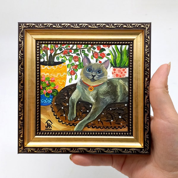 Siamese cat framed painting Cute kitty hand-painted 4 by 4 artwork by Julia Kot