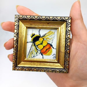 Bee mini oil painting Framed Carder Bee wall art 2 by 2 miniature by Julia Kot