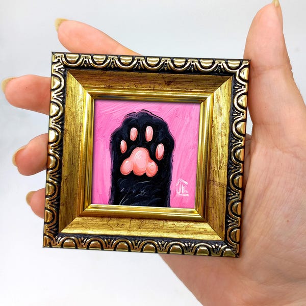 Black Cat Paw Painting: Framed Miniature Art, Custom Pet