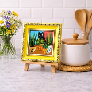 Black Cat Painting, Colorful Plant Decor, Original Whimsical Art, Cat Lover Gift zdjęcie 20