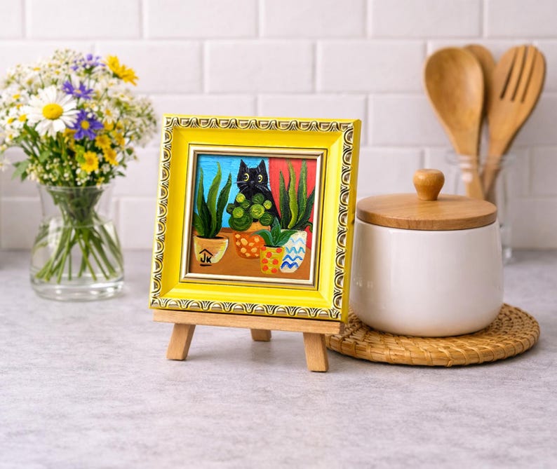 Black Cat Painting, Colorful Plant Decor, Original Whimsical Art, Cat Lover Gift zdjęcie 20