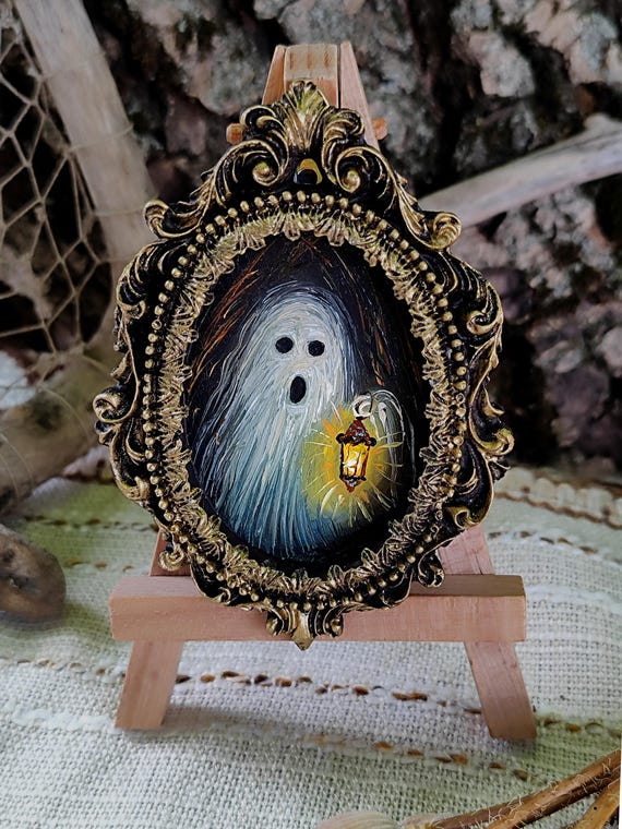 Ghost Oil Painting: Spooky Halloween Art, Miniature on Canvas