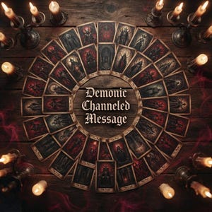 Puede incluir: Una disposición circular de cartas oscuras ilustradas sobre una superficie de madera, rodeando el texto "Demonic Channeled Message" en una fuente gótica. Las cartas muestran varias figuras y símbolos siniestros, iluminadas por velas.