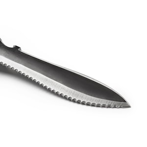 May include: A metal gardening trowel with a serrated edge and a wooden handle. The blade is dark gray, and the handle is a light brown color. The trowel is designed for digging and weeding in gardens.