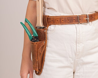 Ceinture fourreau en cuir Hori Hori avec poches pour sécateur et ciseaux. Ceinture à outils en cuir personnalisée pour fleuriste, ceinture de jardinage.