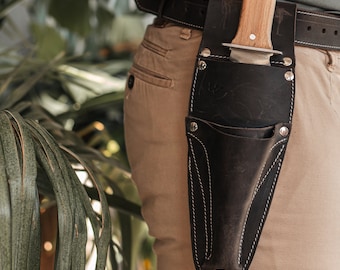 Hori Hori Leather Sheath belt with Pruner and Scissor Pockets. Florist Tool Belt Leather, Gardening Belt.