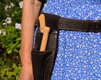Porta attrezzi da giardinaggio in pelle, fodero per coltelli e cesoie Hori Hori, organizer resistente per attrezzi da giardino.