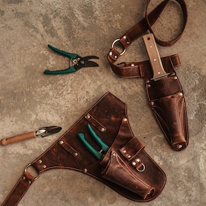 Fourreau en cuir avec poches pour sécateur et ciseaux. Ceinture de jardinage Hori Hori. Ceinture à outils pour fleuriste en cuir,