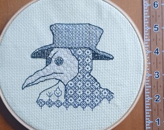 handmade blackwork plague Dr cross stitch