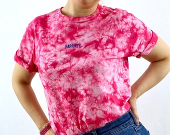 Batik Shirt pink, Damen Statementshirt, Tie Dye Shirt mit Botschaft, T-Shirt mit Siebdruck Aufschrift / Aufdruck und Glitzer, Slowfashion