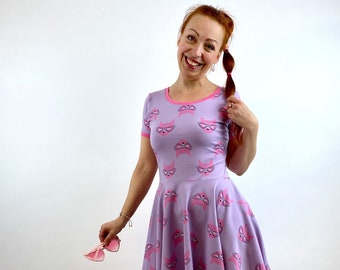 Kleid "Bellatella" lila pink Katzen, Damen Sommerkleid mit Tellerrock kurzarm, Tanzkleid Swing, Fairfashion, Handmade with Love