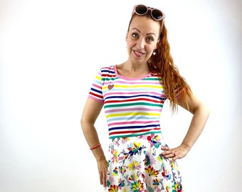Vestido "Bella", estampado floral a rayas, colorido, vestido de mujer de corte A, vestido de verano, vestido de baile swing, largo hasta la rodilla, moda sostenible, hecho a mano con amor
