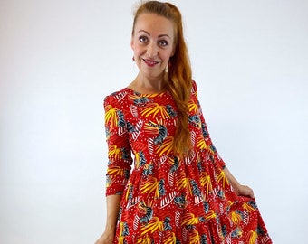 Kleid "Bonnie" Tiger rot,  Stufenkleid 3/4 Arm, Herbstkleid, Kleid im Boho Style , Slowfashion, Handmade with Love