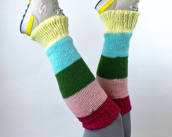 Cuffs "Flauschi Joy" stripes colorful pink green, leg warmers knitted one size, long knee warmers unisex, fair fashion, handmade with love