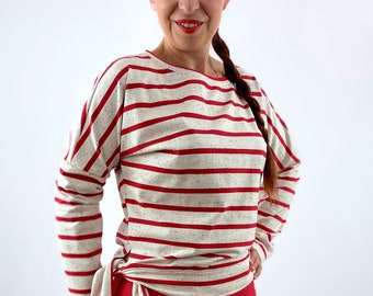 Women's shirt striped red, long sleeve with tie detail, maritime red striped long sleeve shirt, oversize, fair fashion, handmade with love