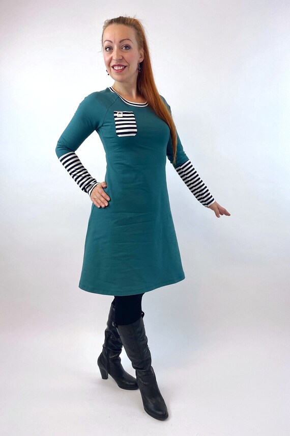 Dress "tamara" Green Stripes, Jersey Dress Petrol, Raglan Dress Striped,  Basic Dress Comfortable, Slow Fashion, Handmade With Love - Etsy