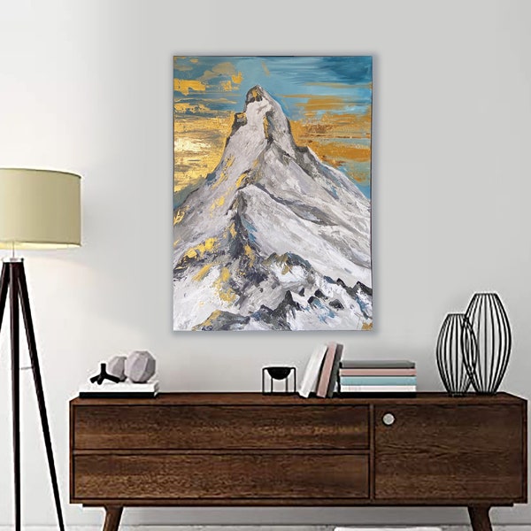 Matterhorn, Cervino, Akrylfarben und Blattgold auf Leinwand (Keilrahmen), strukturierte Malerei, Landschaft, Alpen, Berge