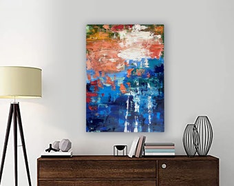 Abstract Acrylic Painting – Palette Knife Texture, Blue Peach Red Wall Art