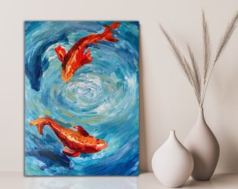 Hand Painted Original Koi Gold Fish Painting on Canvas: living room wall art, acrylic painting, good energy, yin yang,  Christmas gift