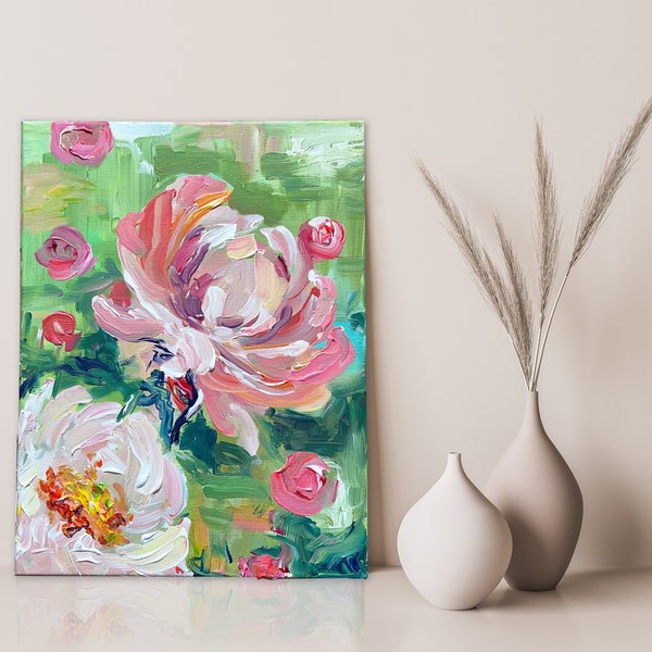 Peinture originale de pivoines sur toile : peinture acrylique, 40 x 30 cm, art contemporain, fleurs, abstraite, peinture sur toile, peinture acrylique