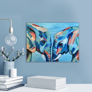 Elephants Painting on Canvas: original art, acrylic painting, modern art, living room wall art, kids room painting, gift