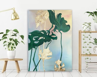 Hand Painted Monstera with Golden Leaves: acrylic painting with gold foil, beautiful botanical painting, floral, original canvas, 65x90cm