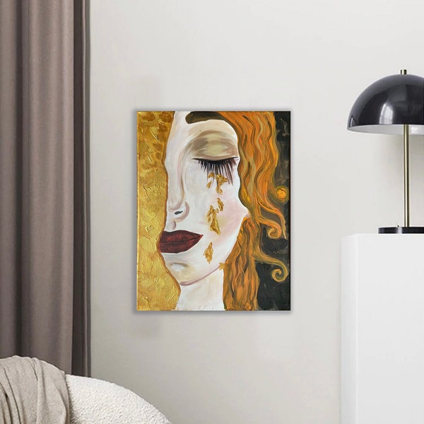 Lágrimas de Freya pintadas a mano - Pintura de estilo Klimt: acrílico sobre lienzo, pintura original (no una impresión), lágrimas doradas, arte mural, sala de estar.
