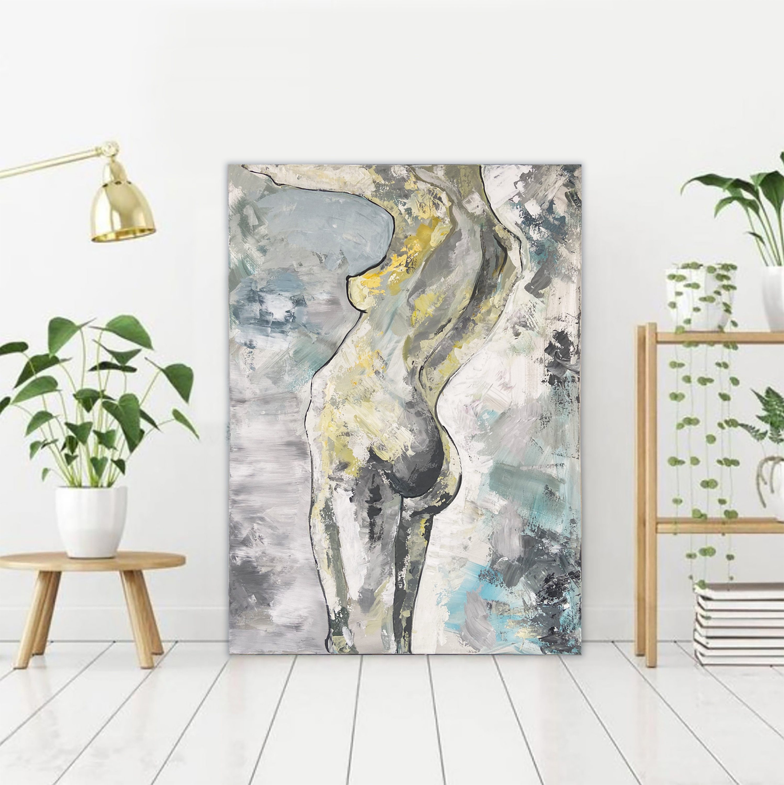 Nude Female Body Painting - original hand painted, wall art, layered painting, pallet knife, ready to hang, living room, blue