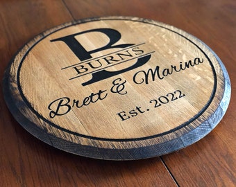 Personalized Lazy Susan, carved whiskey-bourbon barrel top, rustic wedding turntable centerpiece, Best gift for weddings or housewarming