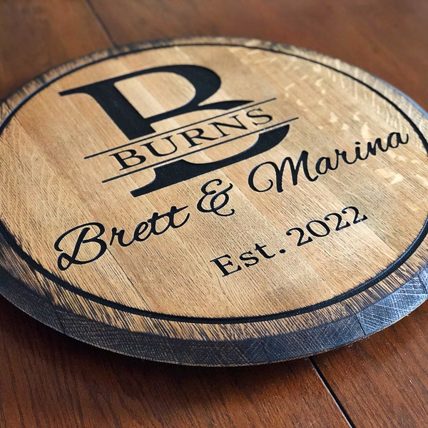 Personalized Lazy Susan, carved whiskey-bourbon barrel top, rustic wedding turntable centerpiece, Best gift for weddings or housewarming
