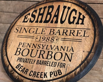 Personalized Whiskey Barrel Bar Sign, Basement Bar Decor, Authentic Bourbon Barrel Lid, Bourbon Whiskey Bar Sign, Best whiskey lover gift.