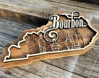 Kentucky Bourbon 3D Layered Hardwood Sign, Rustic Decor Barnwood Sign, Bourbon Lover Gift, KY Bourbon Wall Art, Bourbon Bar Sign
