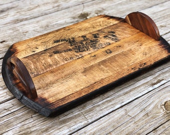 Handcrafted Whiskey Barrel Serving Tray,  Noodle Board, Charcuterie with carved hardwood handles.