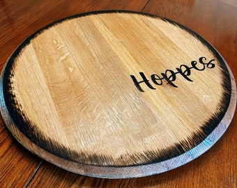 Personalized Barrel Top Lazy Susan Centerpiece, Carved whiskey-bourbon barrel top, rustic wedding turntable, anniversary gift