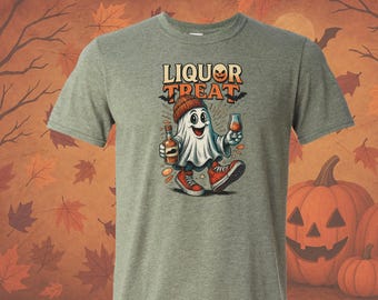 Halloween Liquor Treat Graphic Tee, Bourbon Whiskey Lover Shirt, Spooky Ghost Funny T-shirt, Soft style comfort shirt, Halloween Fun