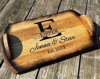 Personalized Whiskey Barrel Serving Tray, Rustic Wedding or Annivery Keepsake Tray, Carved with Name and Date, Great 5th Anniversary Gift