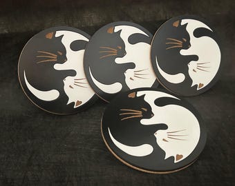 Unique Cat Gift, 2 Color Cat Coaster Set, Fun Cat Lover's Design, Halloween Cat Coaster with a Yin Yang Design. Great Cat Lover Gift.