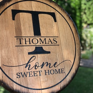 Home sweet home sign | rustic barrel top sign | monogram family name | farmhouse wall decor | home sign | bourbon-whiskey barrel top